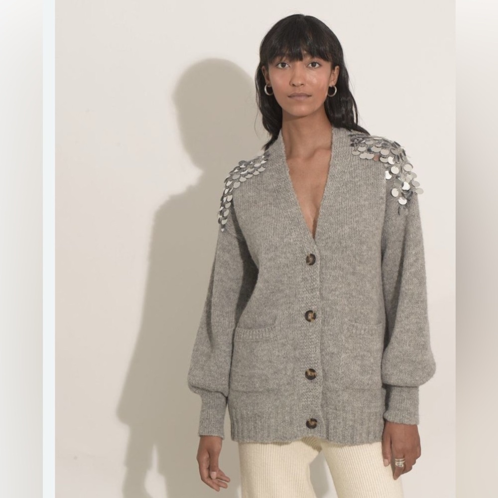 Eleven Six
Cora Sequined Shoulder Cardigan gray front pocket size M/L. NWT. - Picture 5 of 12